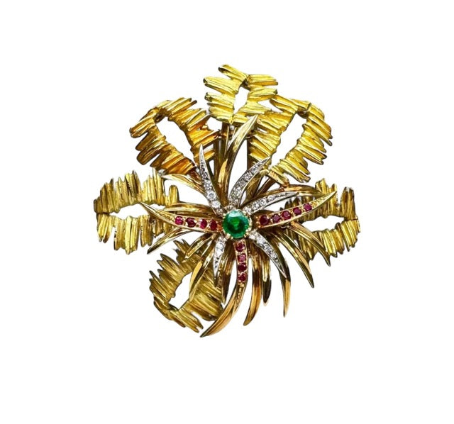 Mellerio 18k yellow gold brooch with emerald, rubies and diamonds