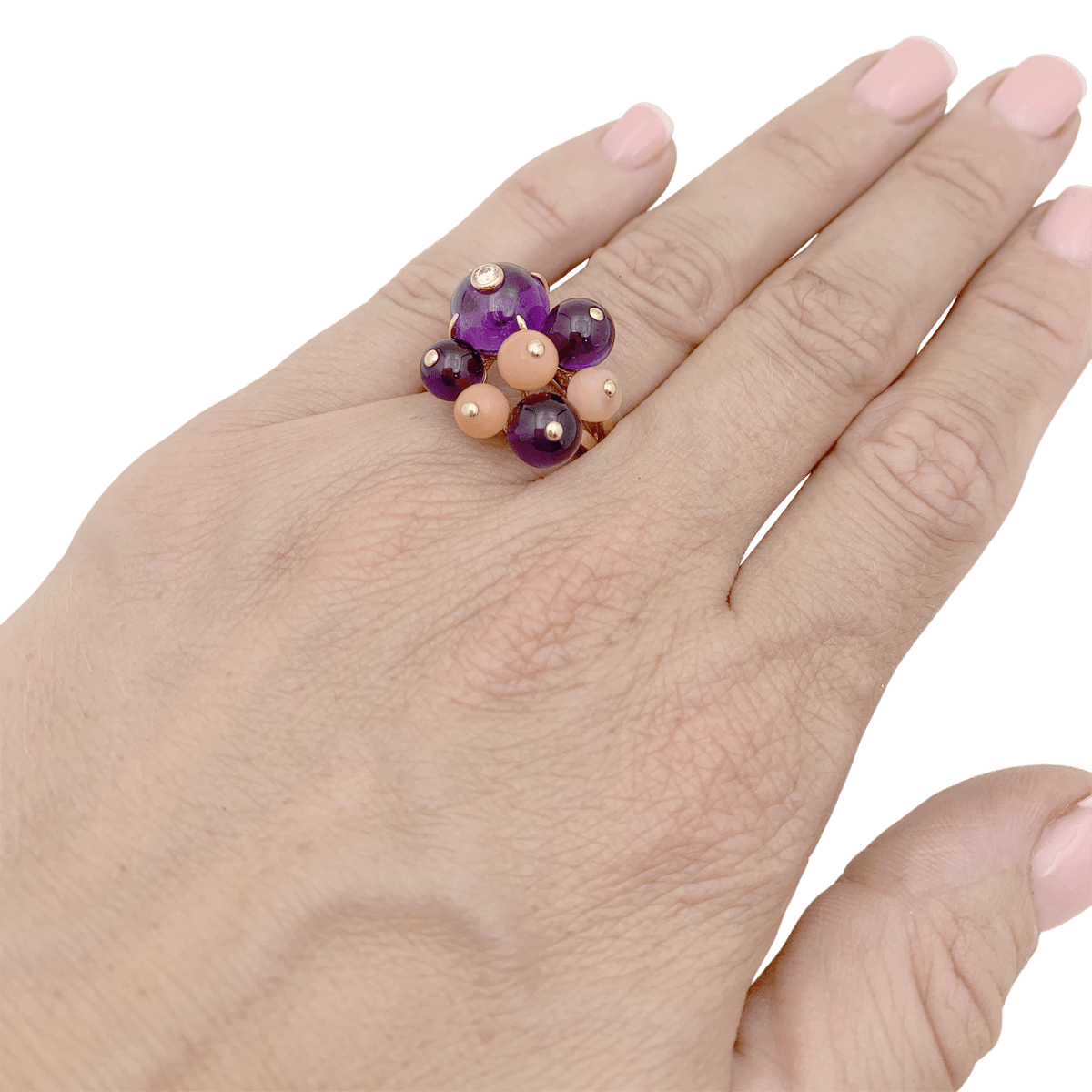 Bague Cartier, "Délices de Goa", or jaune, diamant, corail, améthystes. - Maison Eloe