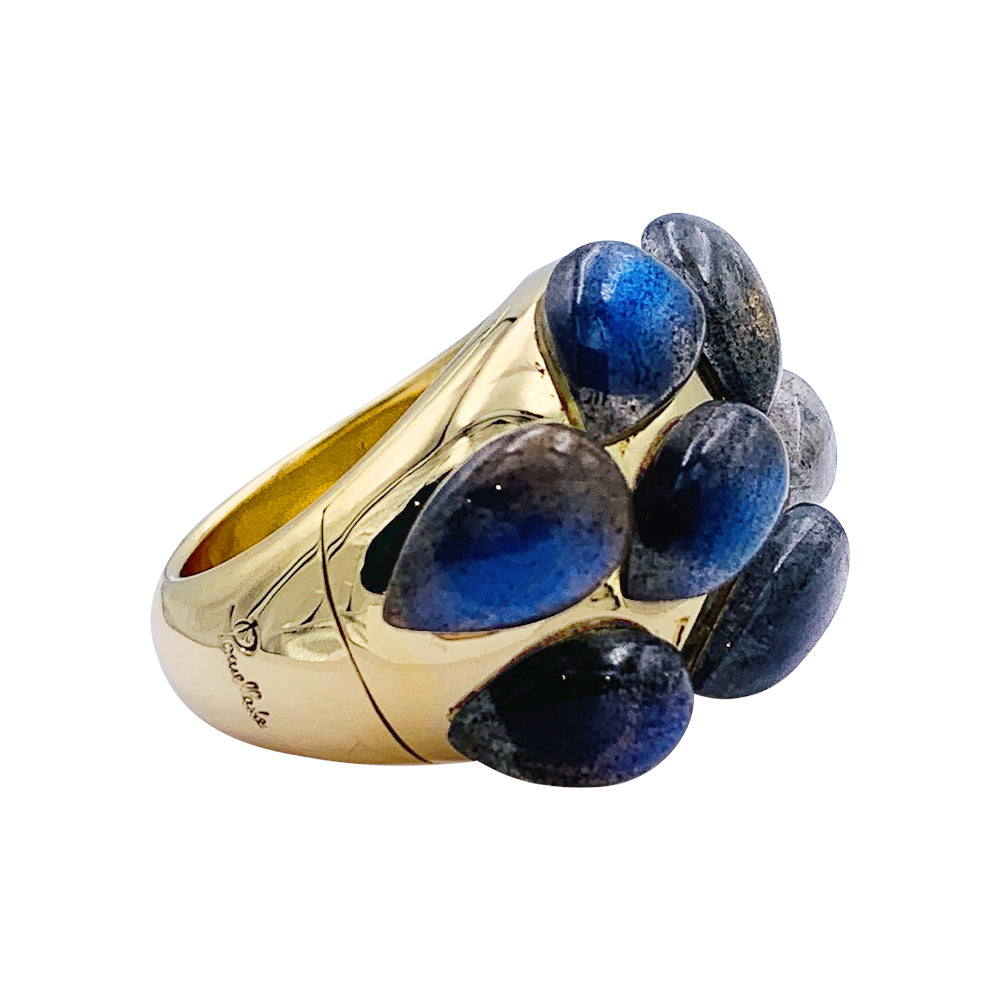 Pomellato ring, "Rugiada", yellow gold, labradorites.