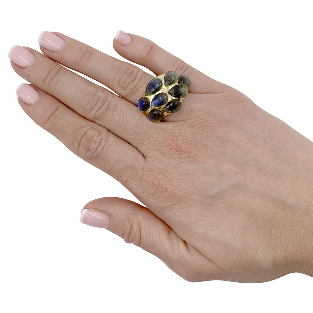 Pomellato ring, "Rugiada", yellow gold, labradorites.