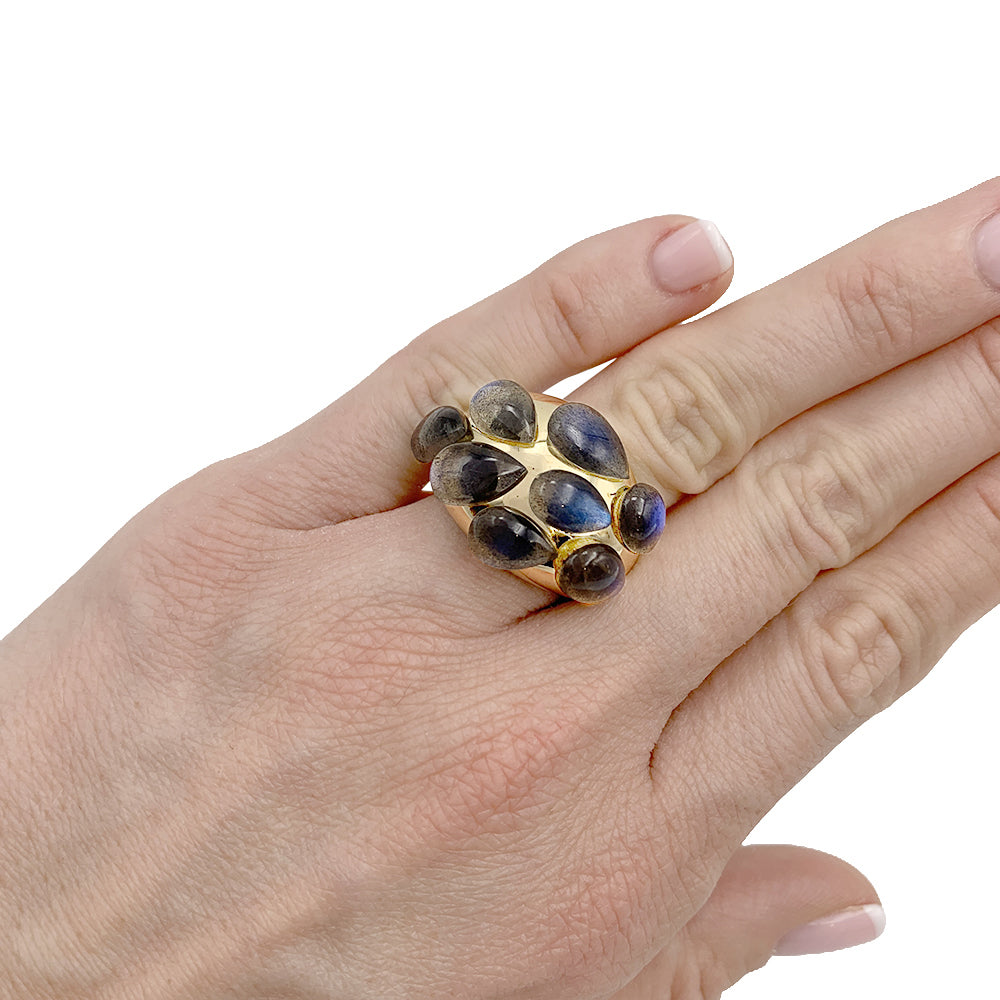 Pomellato ring, "Rugiada", yellow gold, labradorites.