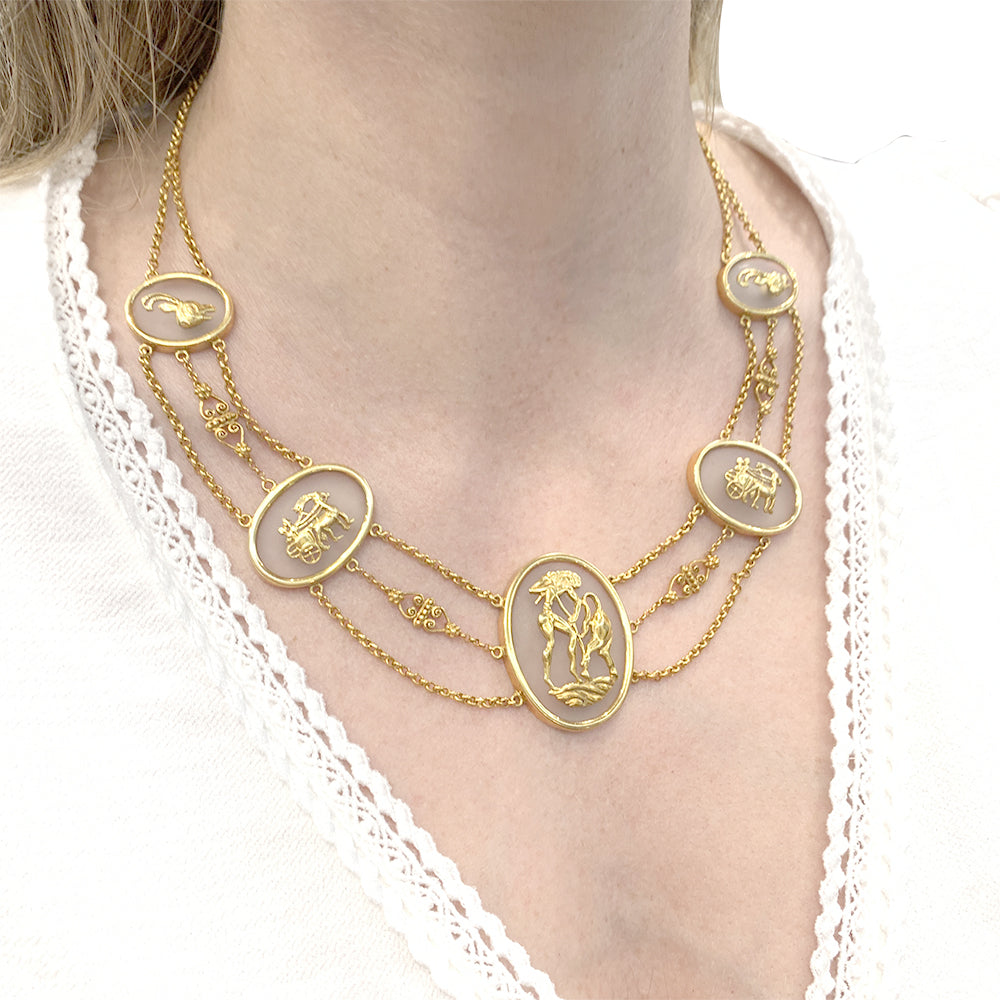 Vintage Lalaounis necklace, "The Shield of Achilles", yellow gold, rock crystal.