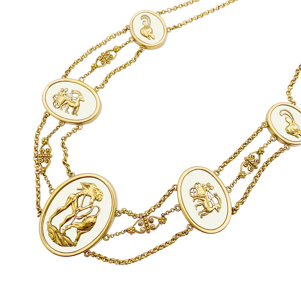 Vintage Lalaounis necklace, "The Shield of Achilles", yellow gold, rock crystal.