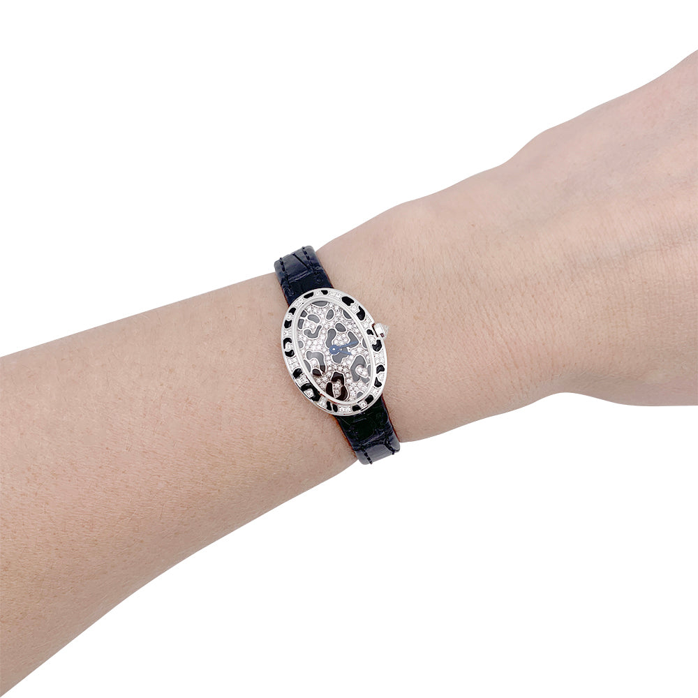 Cartier watch, "Mini Bathtub-Panther Spots", white gold, diamonds, enamel.