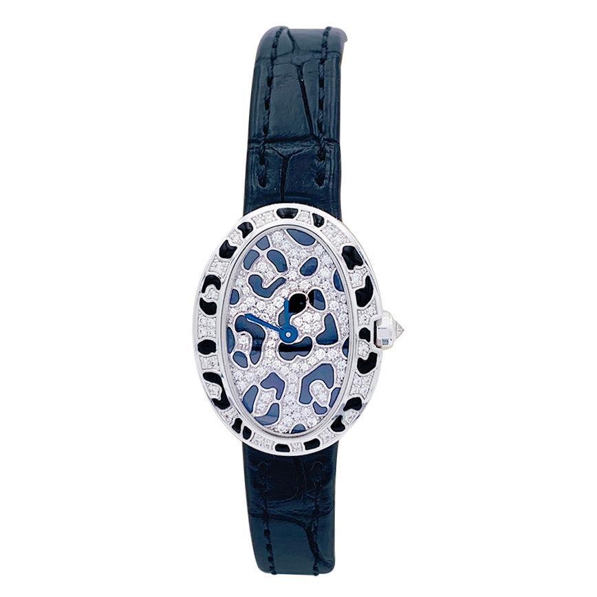 Cartier watch, "Mini Bathtub-Panther Spots", white gold, diamonds, enamel.