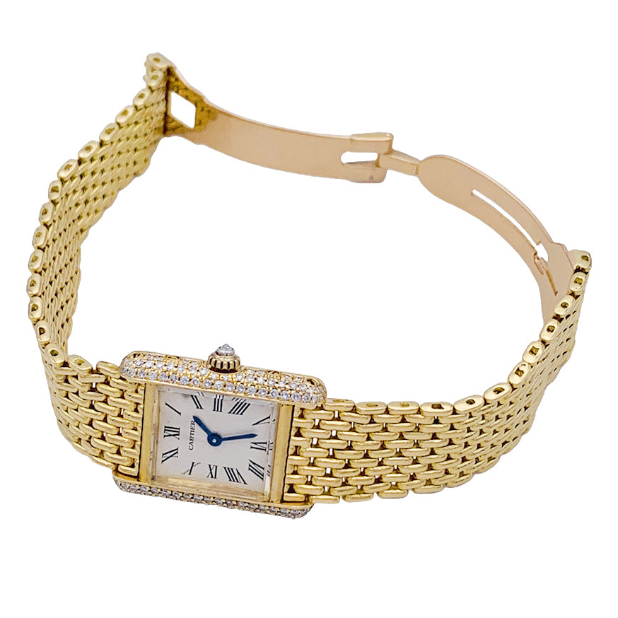 Cartier "Tank Louis Cartier" watch, yellow gold and diamonds.