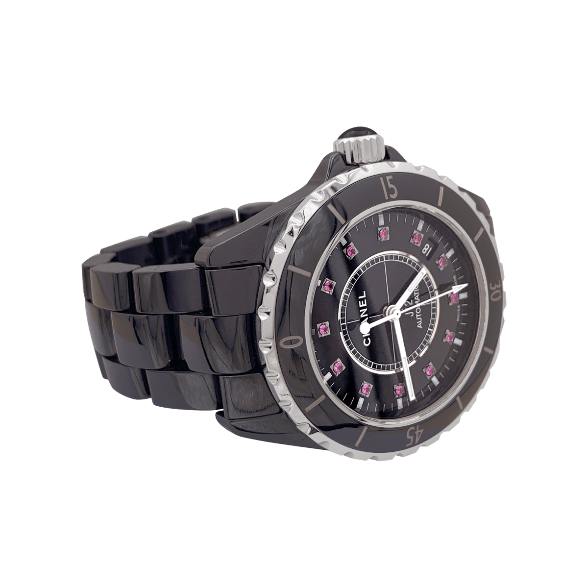 Montre Chanel, "J12", céramique noire, rubis, acier. - Maison Eloe