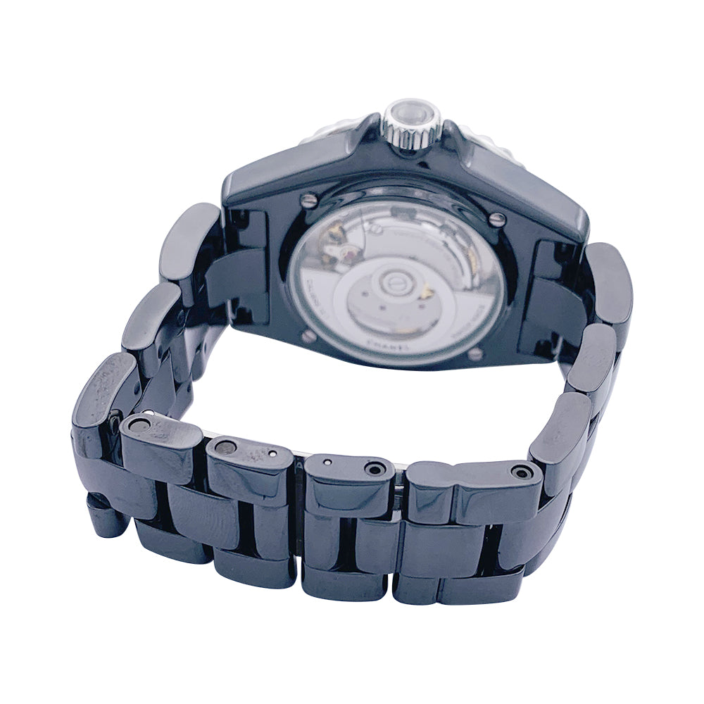 Chanel J12 black ceramic watch with diamonds.