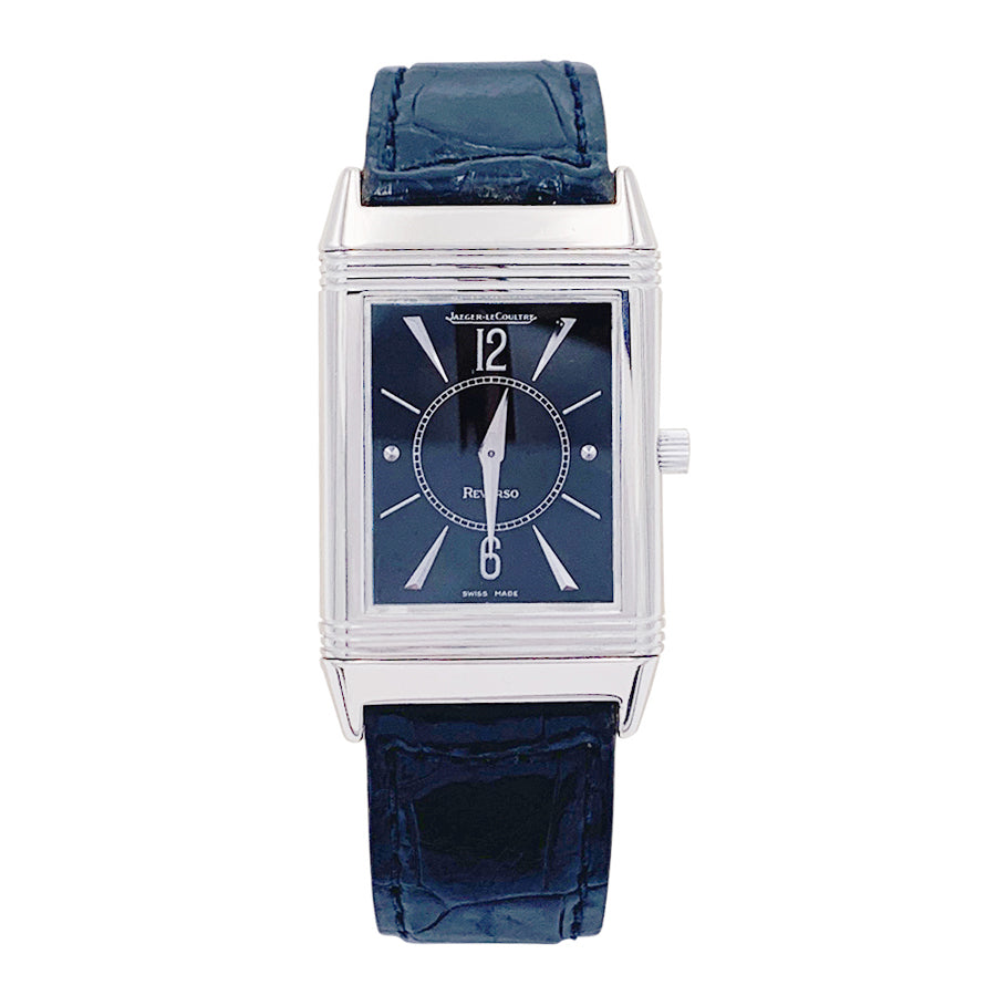 Montre Jaeger Lecoultre, "Reverso", or blanc, acier, cuir.