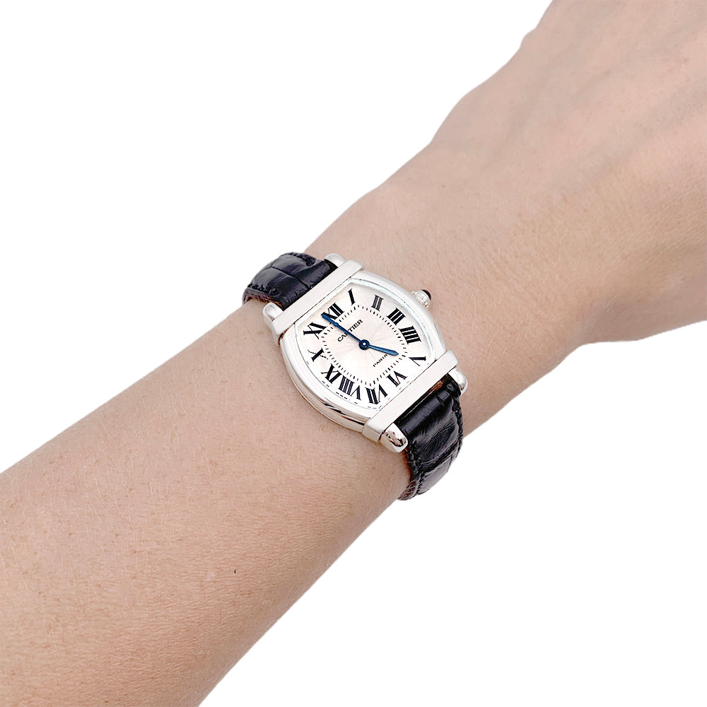 Cartier watch, "Chinese Turtle", platinum, white gold, leather.