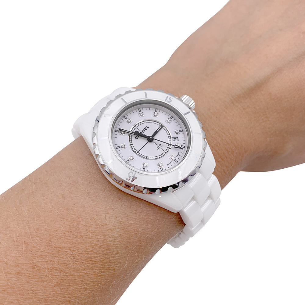 Chanel watch, "J12", white ceramic with diamond indexes