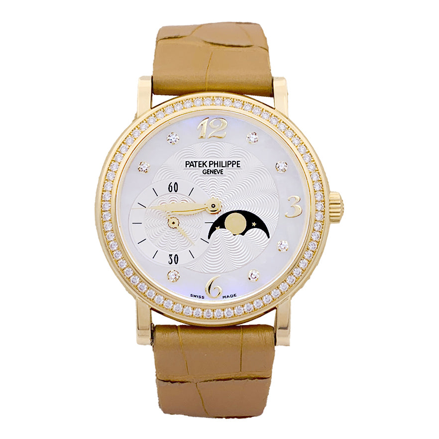 Montre Patek Philippe "Calatrava Moon Phase" or jaune, nacre, diamants, cuir.