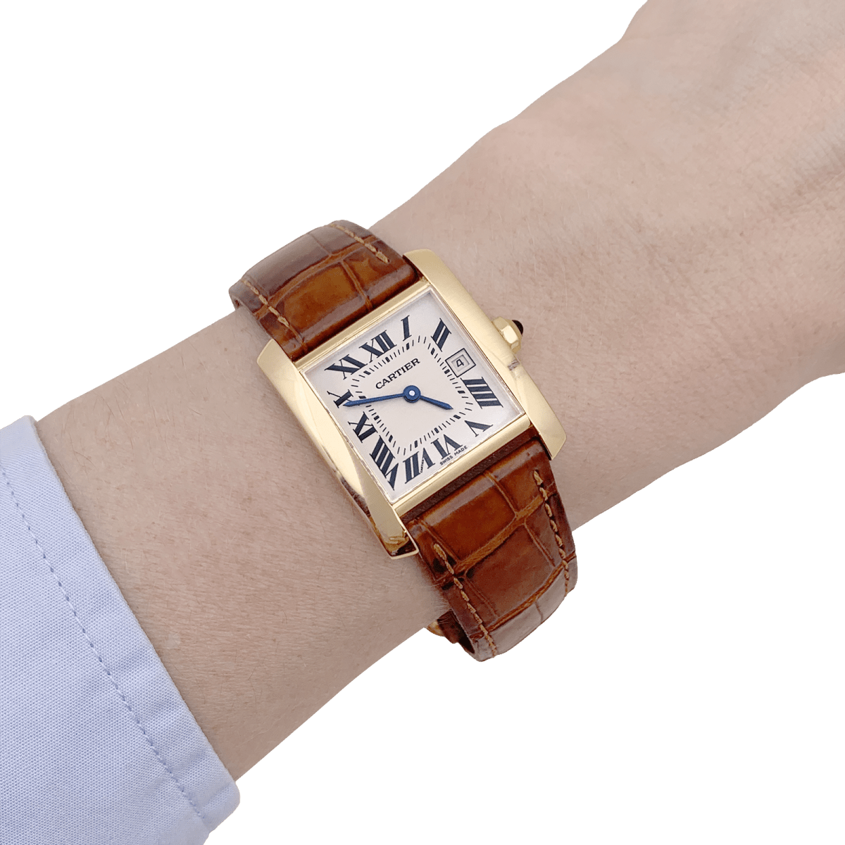 Montre Cartier, "Tank Française", or jaune, cuir. - Maison Eloe