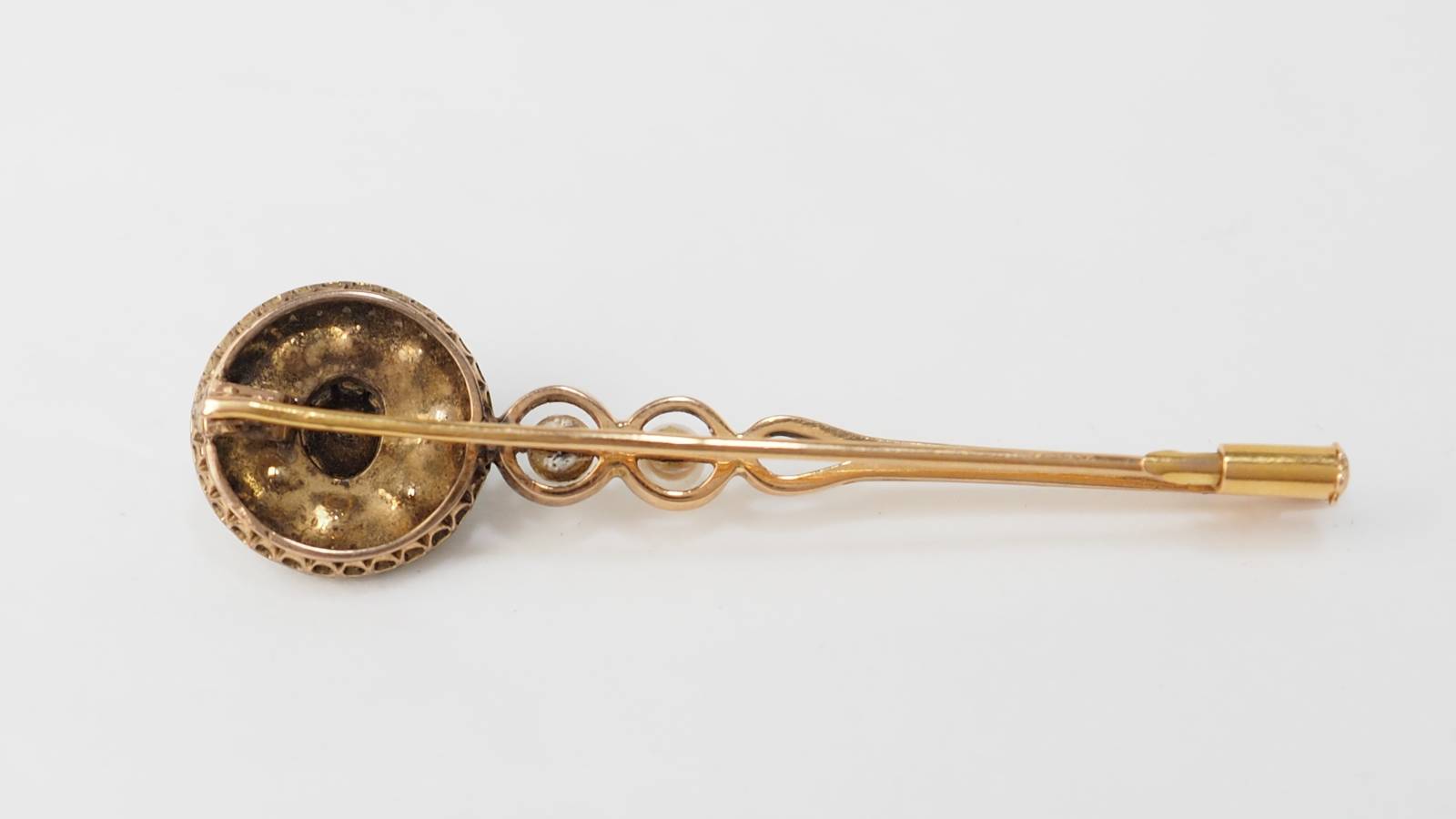 Broche barrette ancienne en or jaune, diamants et perle de culture