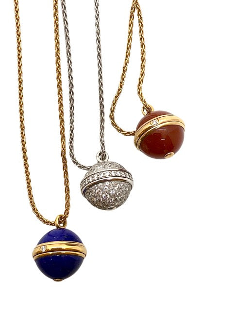 Piaget 3 Possession necklaces in yellow and white gold, diamonds, lapis lazuli, carnelian