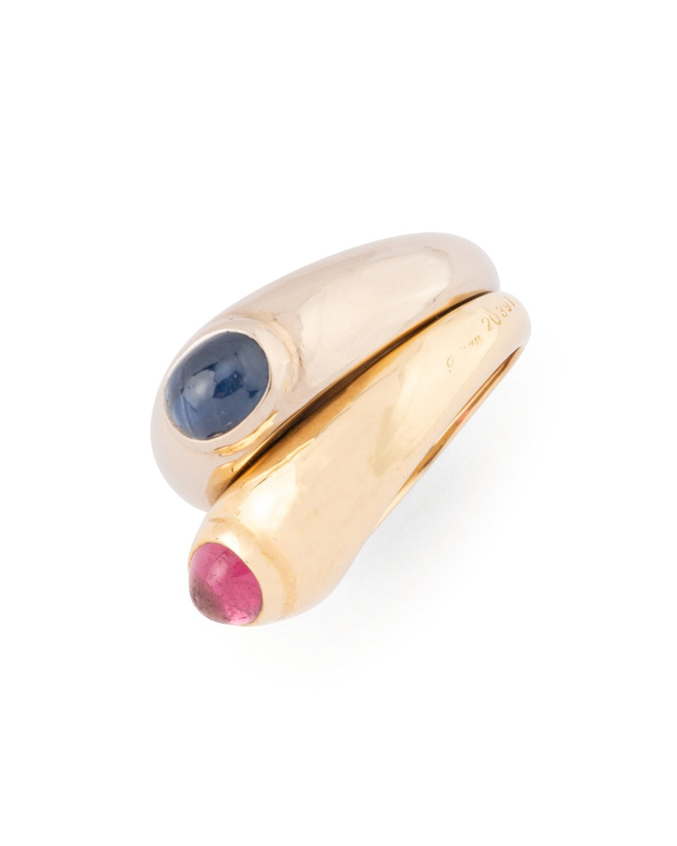 Poiray, 18K yellow and white gold ring with sapphire and tourmaline cabochons