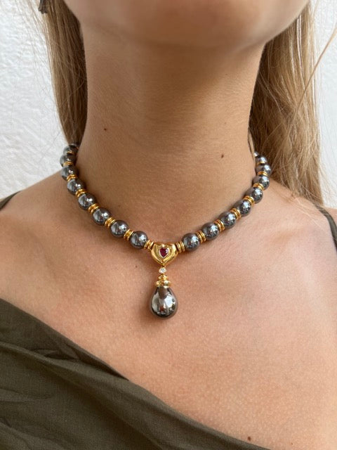 Poiray, Hematite, Gold, Ruby and Diamond Ball Necklace