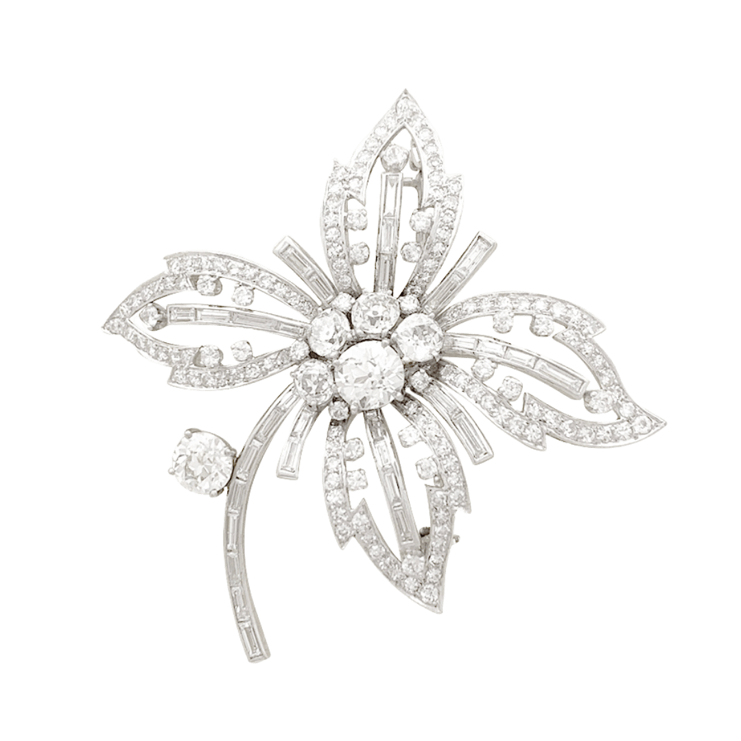Broche "Fleur" platine, or blanc, diamants. - Maison Eloe