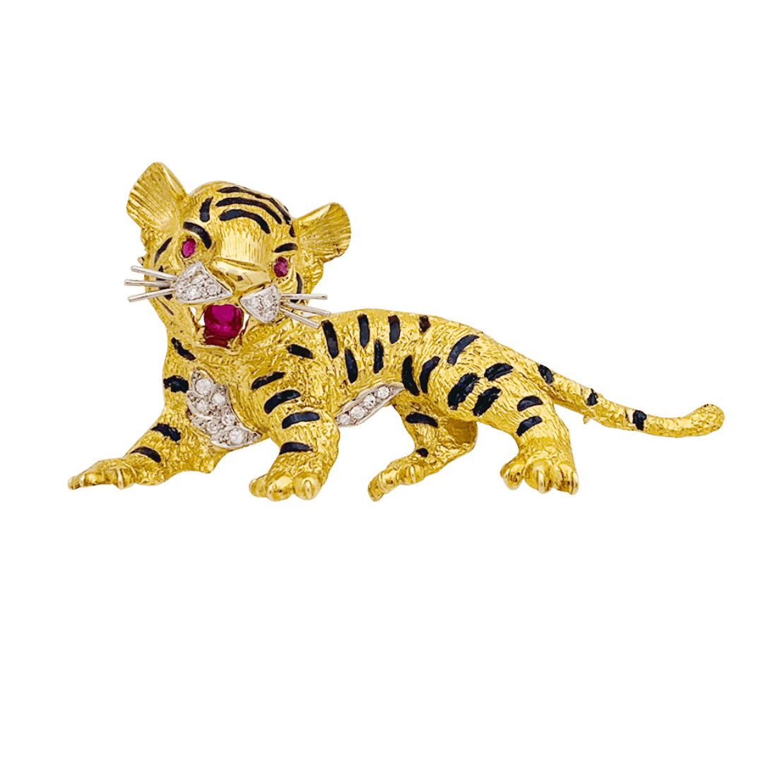 Broche Sanz, "Tigre", or jaune, diamants, rubis, émail. - Maison Eloe