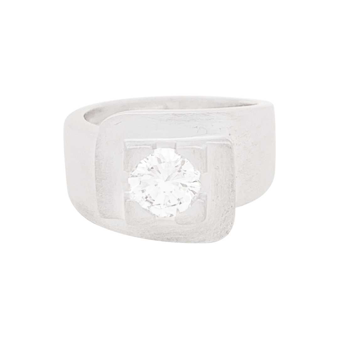 Bague chevalière, or blanc, diamant.