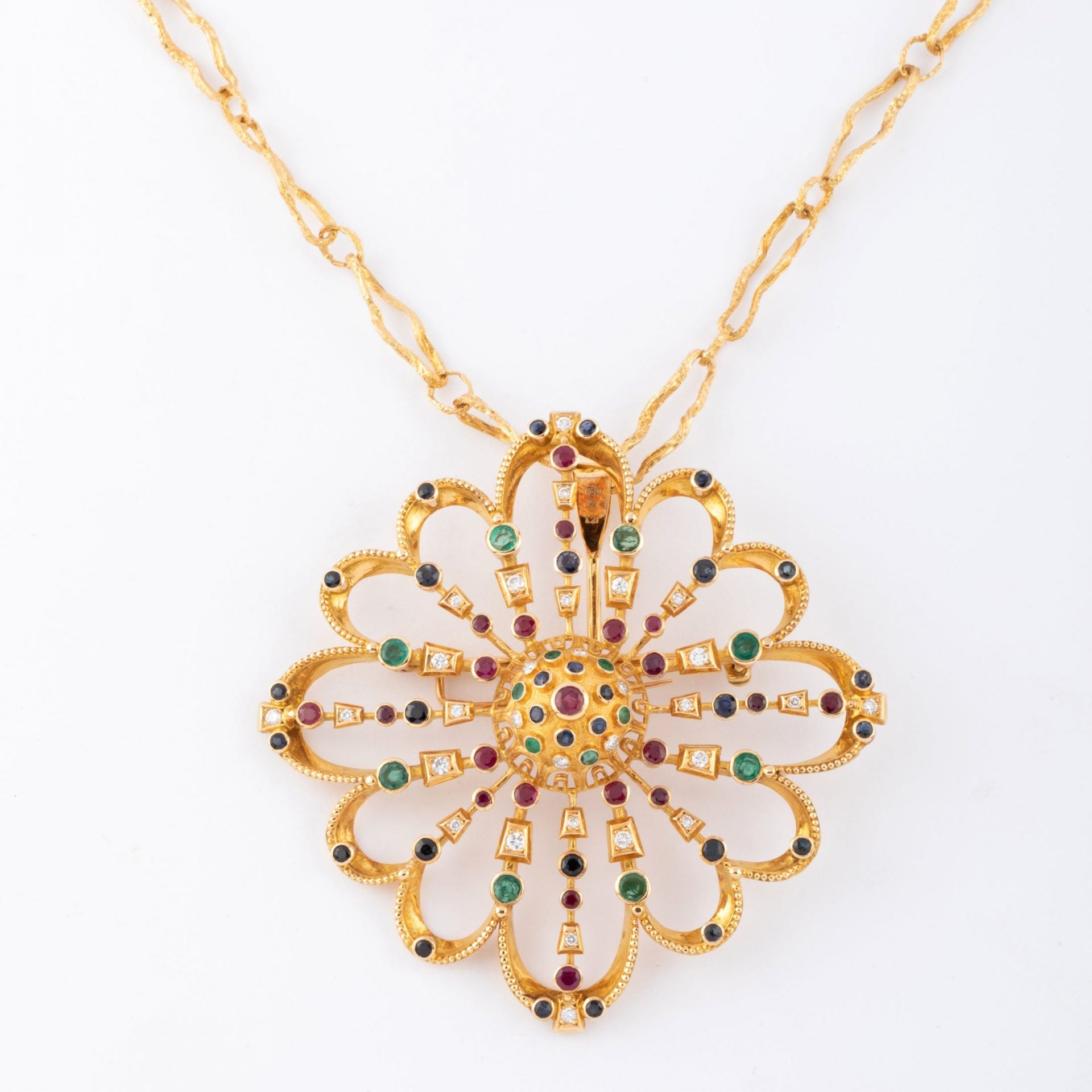Lalaounis, yellow gold pendant and brooch decorated with precious stones