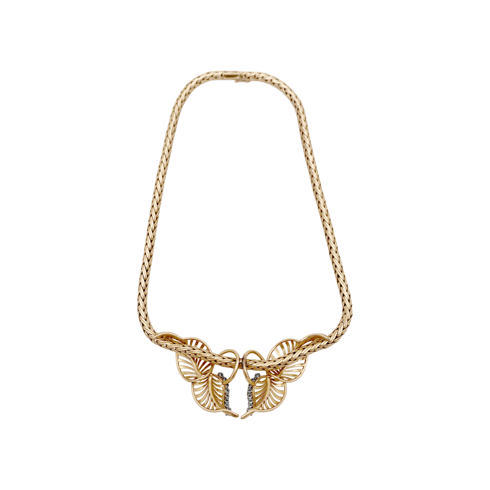 Collier "feuillages" or jaune et diamants.