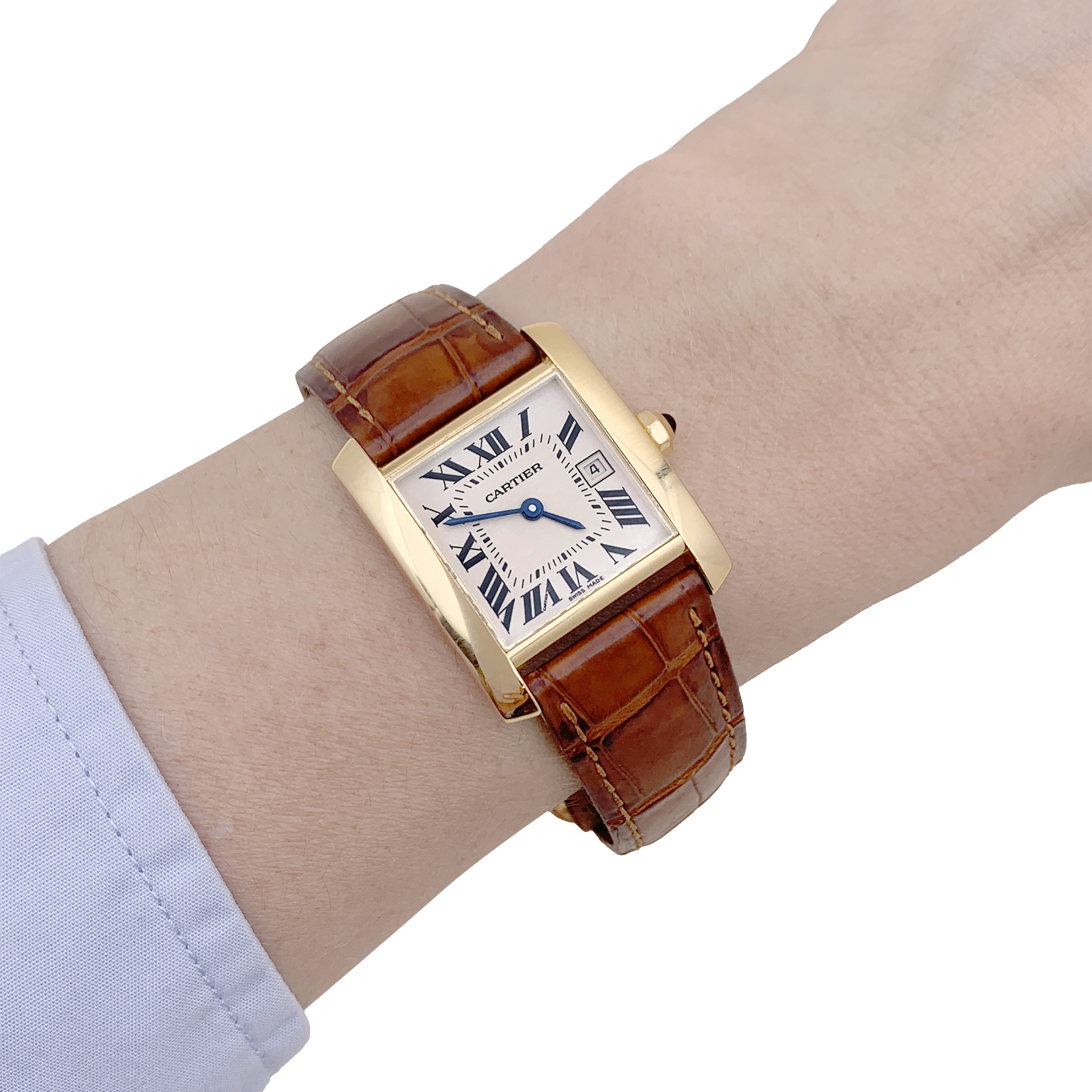 Montre Cartier, "Tank Française", or jaune, cuir.