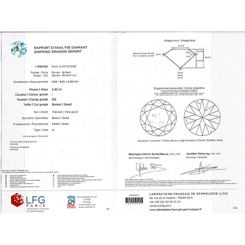 Solitaire platine, or blanc, diamant 2,30 cts.