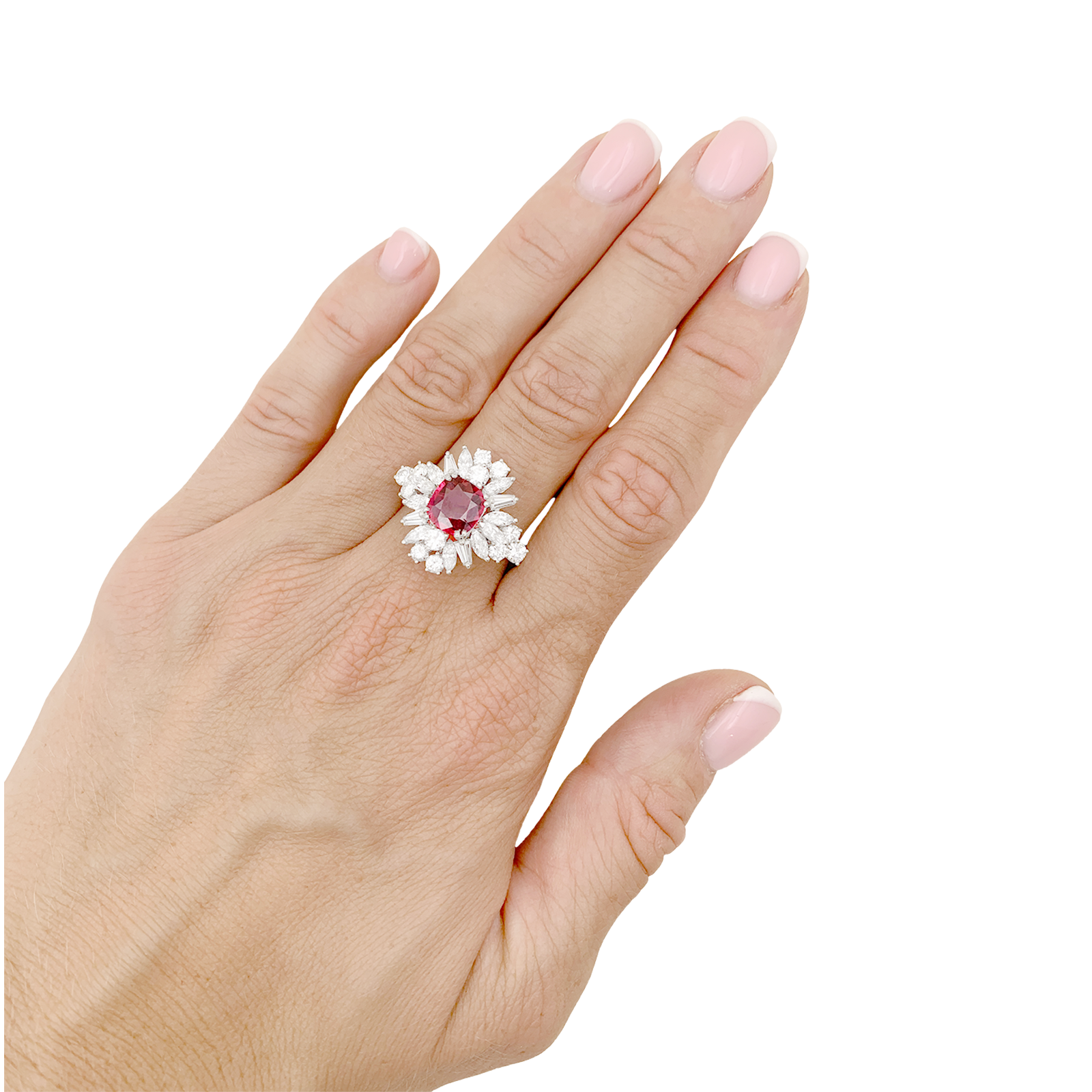 Bague jupe or blanc rubis 1,57 cts et diamants.