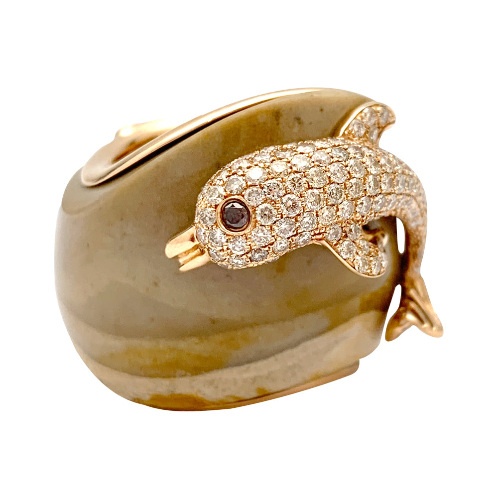 Paolobongia "Dolphin" ring in rose gold, diamonds, jasper and garnet.