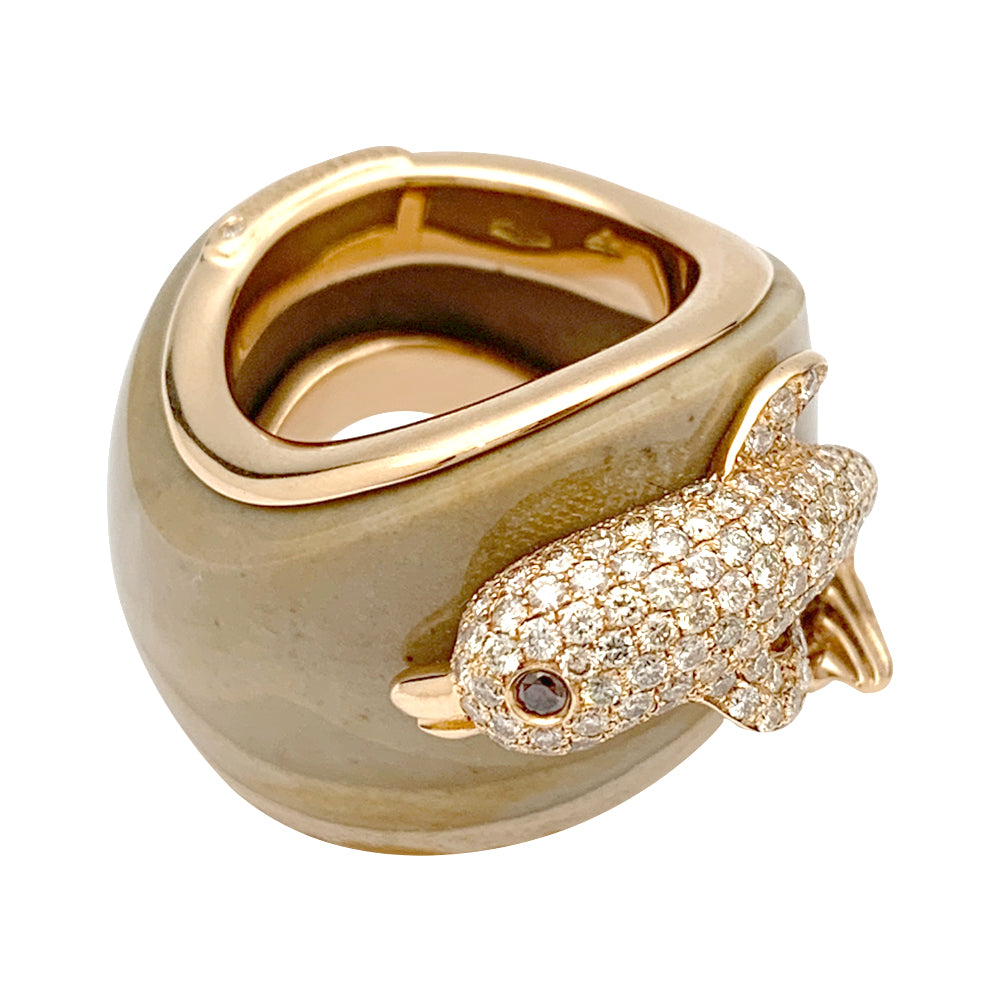 Paolobongia "Dolphin" ring in rose gold, diamonds, jasper and garnet.