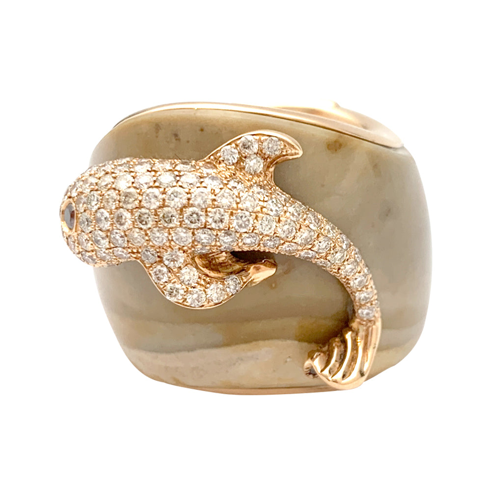 Paolobongia "Dolphin" ring in rose gold, diamonds, jasper and garnet.