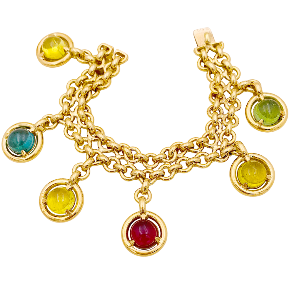 Bracelet or jaune, tourmalines de couleur.