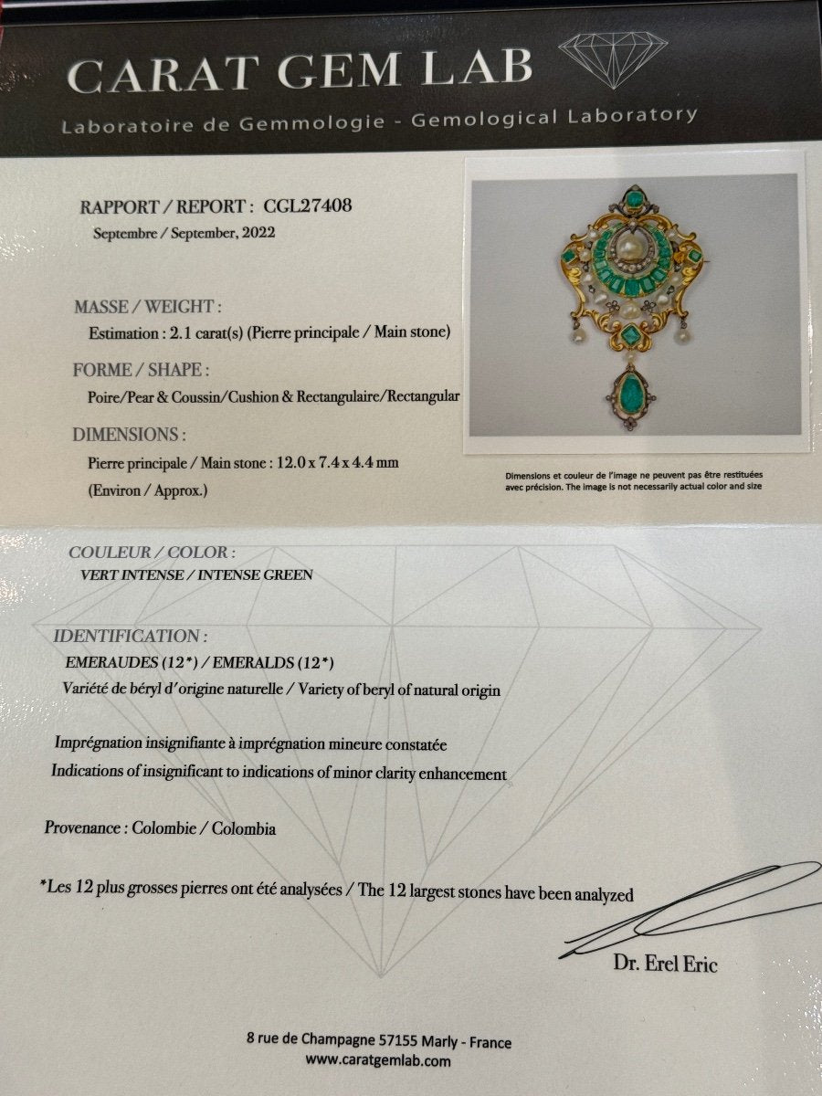 Beaumont &amp; Compagnie Gold Brooch with Emeralds and Fine Pearls