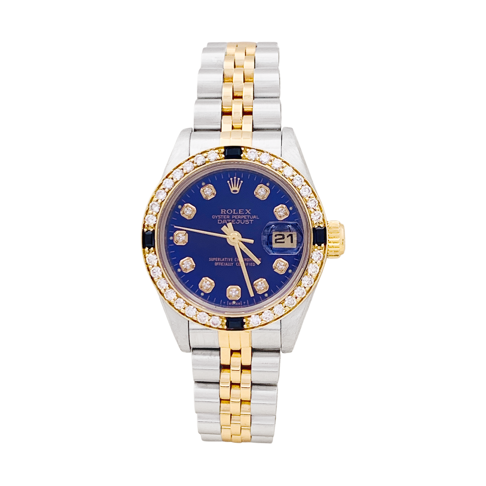 Montre Rolex, "Oyster Perpetual Datejust", or jaune, acier, diamants.