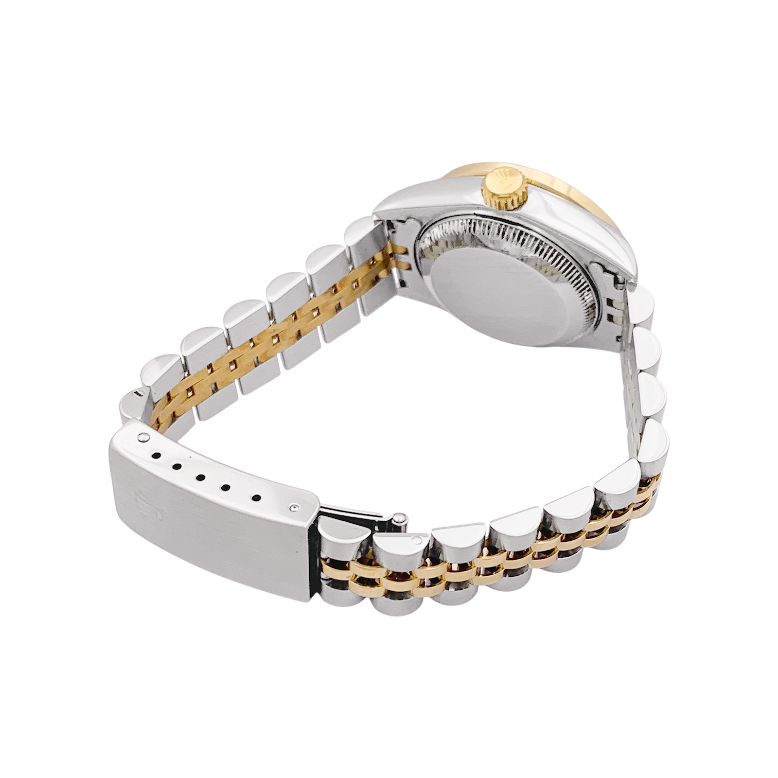 Montre Rolex, "Oyster Perpetual Datejust", or jaune, acier, diamants.