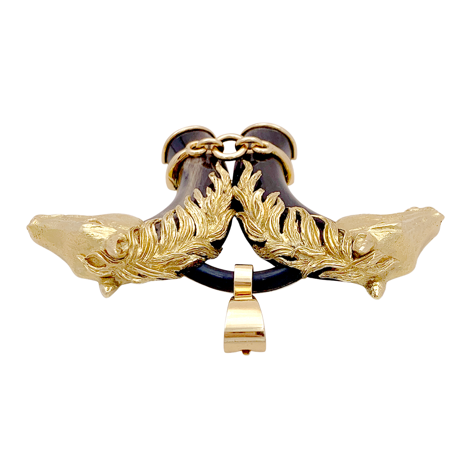 Pendentif FRED double tête de cheval en or jaune et corne.