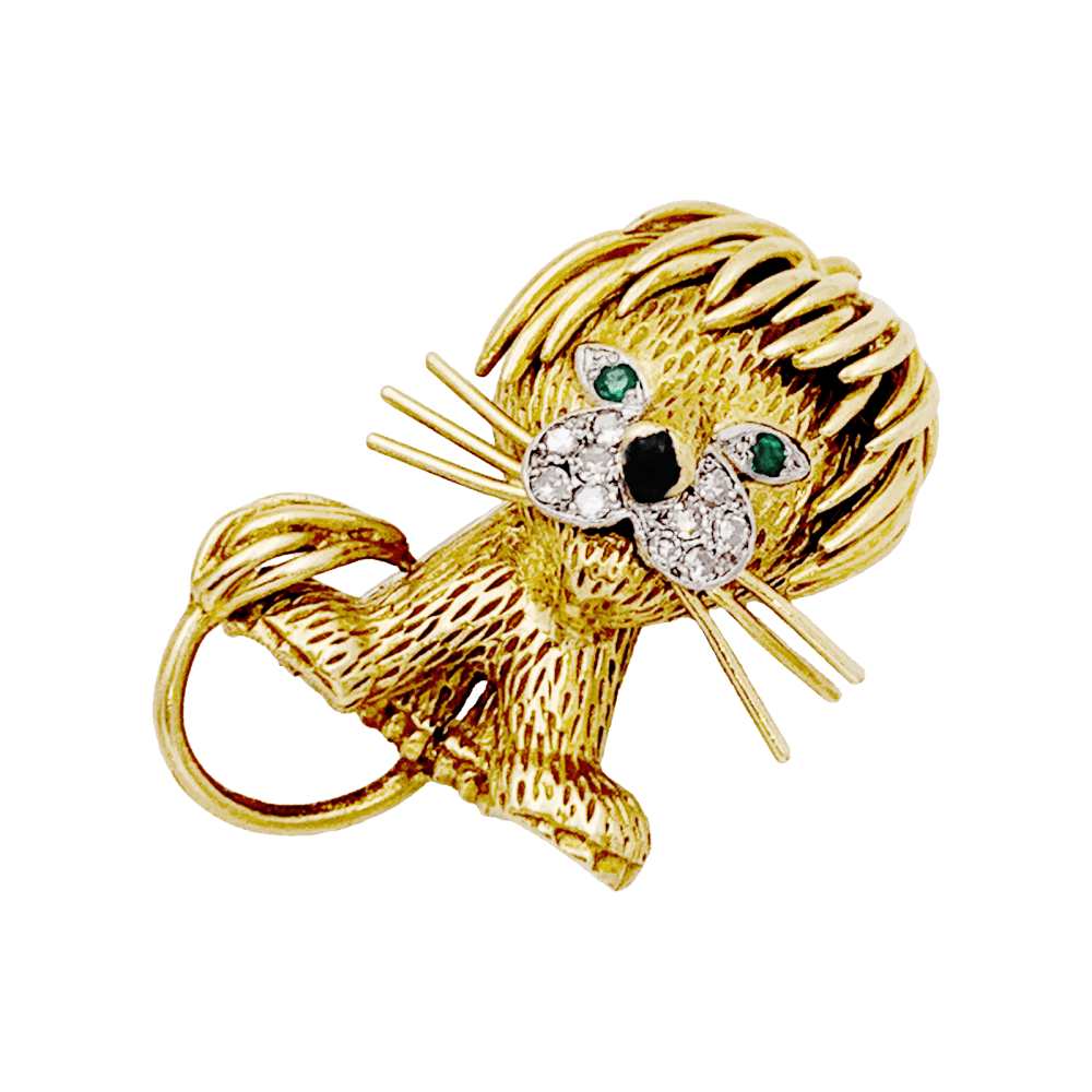 Clip Van Cleef & Arpels, "Lion Ebouriffé", deux ors, diamants, émeraudes, émail.