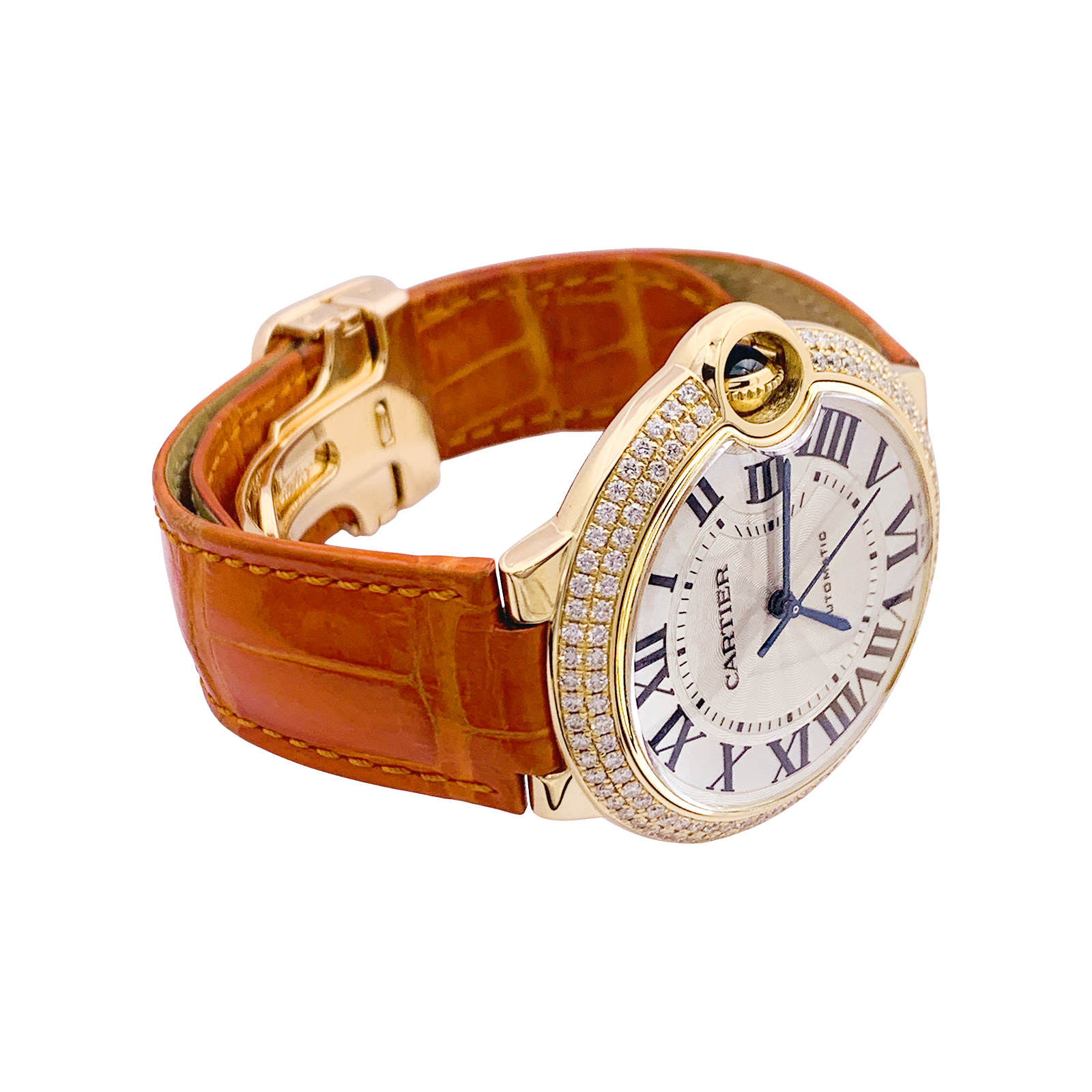 Montre Cartier "Ballon Bleu" or jaune, diamants, cuir.