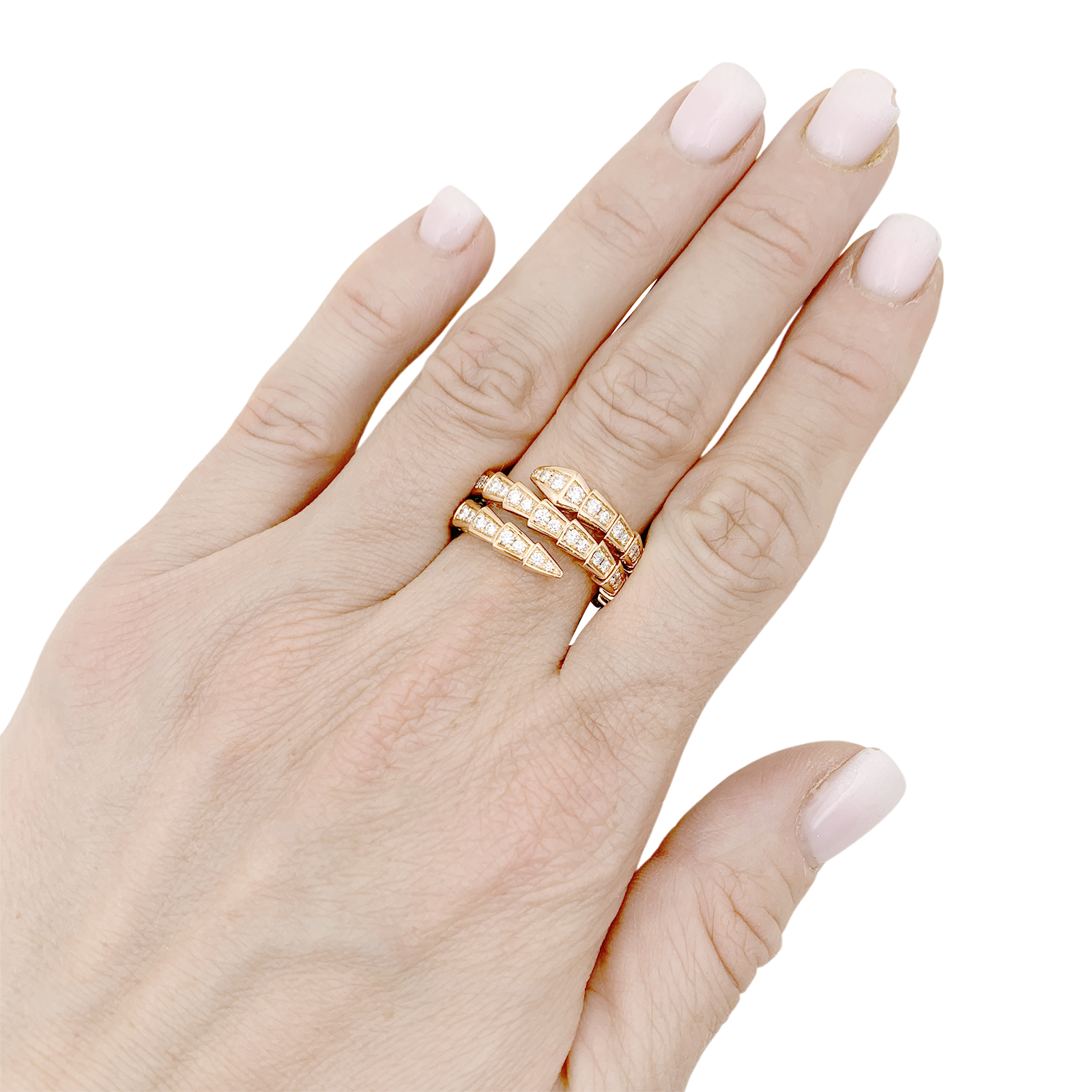 Bague Bulgari, "Serpenti Viper", or rose, diamants.