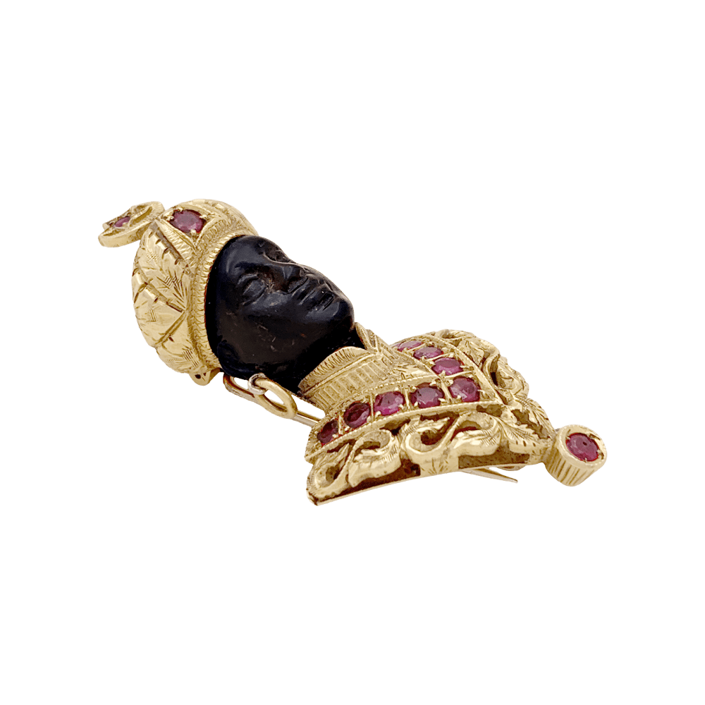Broche G.NARDI, "Moretto", or jaune, rubis, ébène.