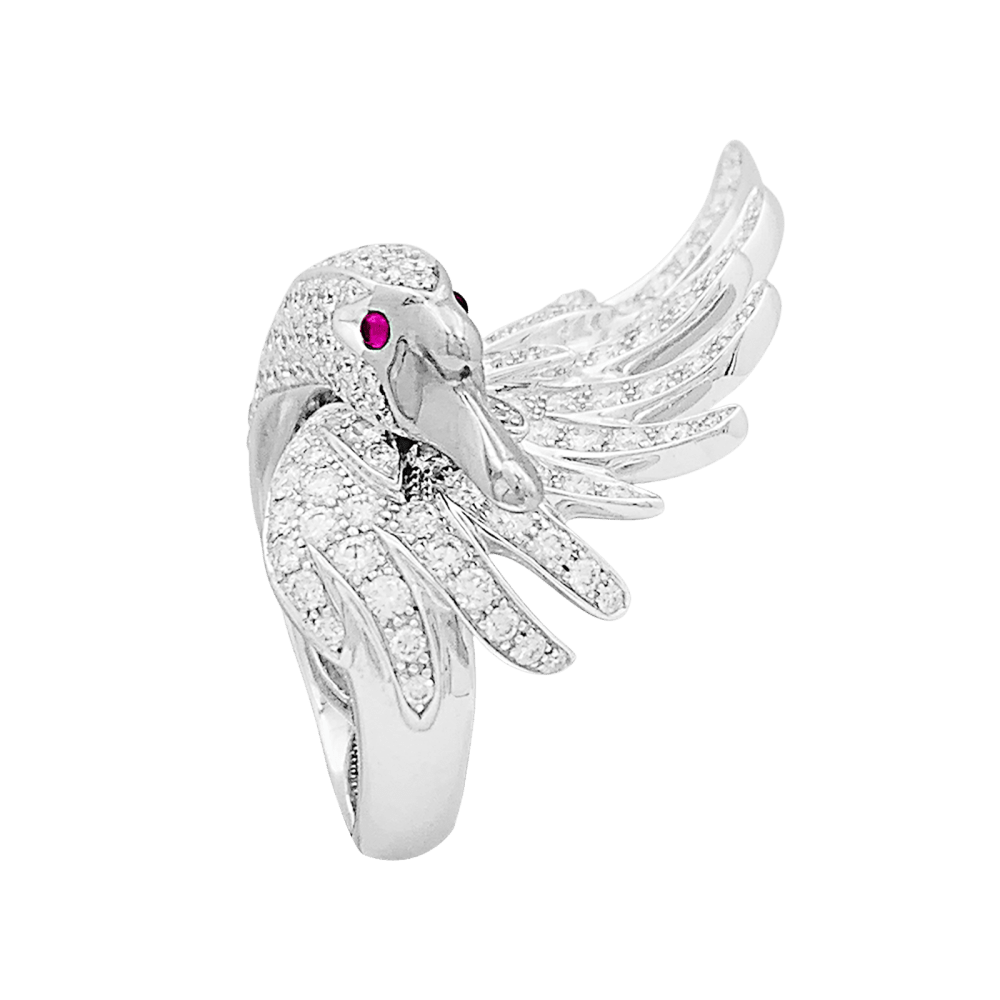 Bague Boucheron, "Animaux de Collection : "Cypris, le Cygne", or blanc, diamants, rubis.