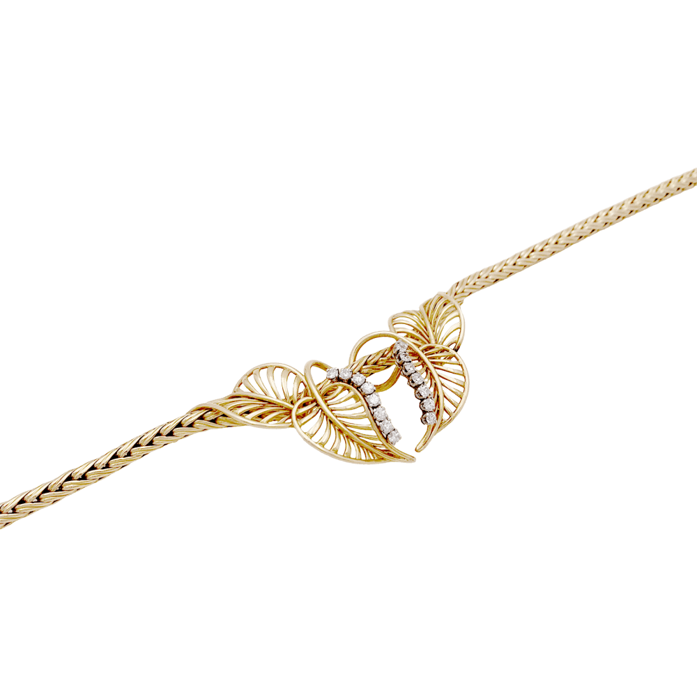 Collier "feuillages" or jaune et diamants.