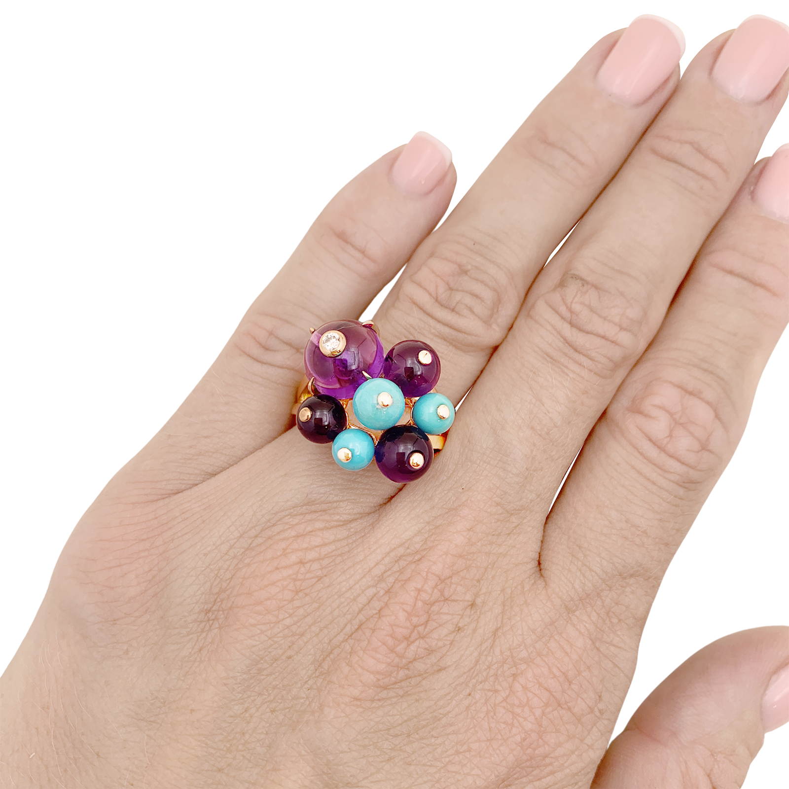Bague Cartier, "Délices de Goa", or rose, diamant, turquoises, améthystes.