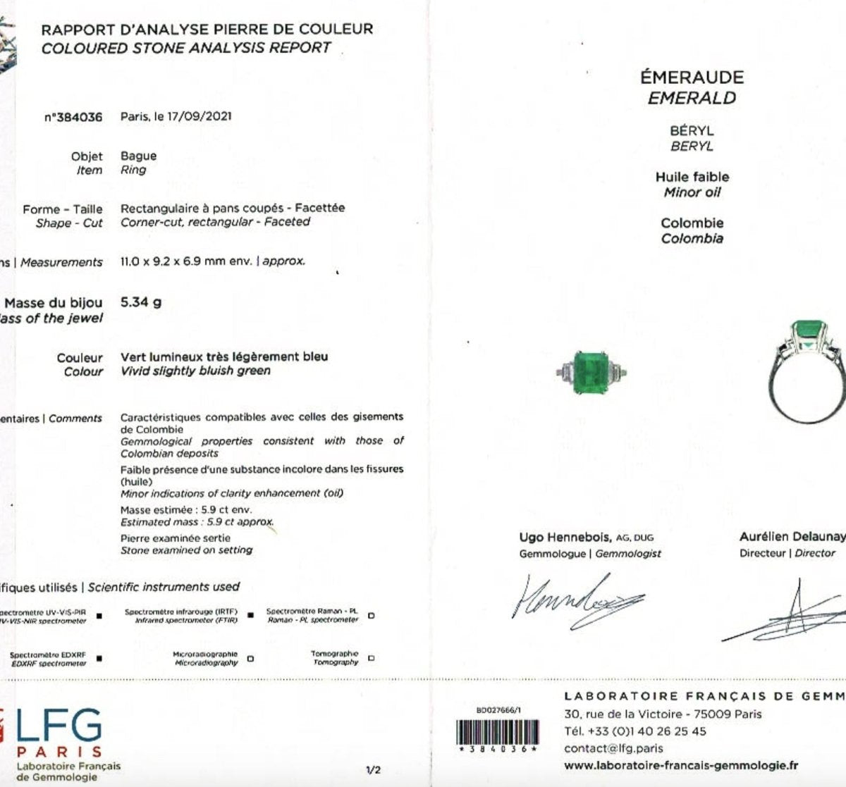 Bague or blanc, émeraude 5.90 cts, diamants. - Maison Eloe