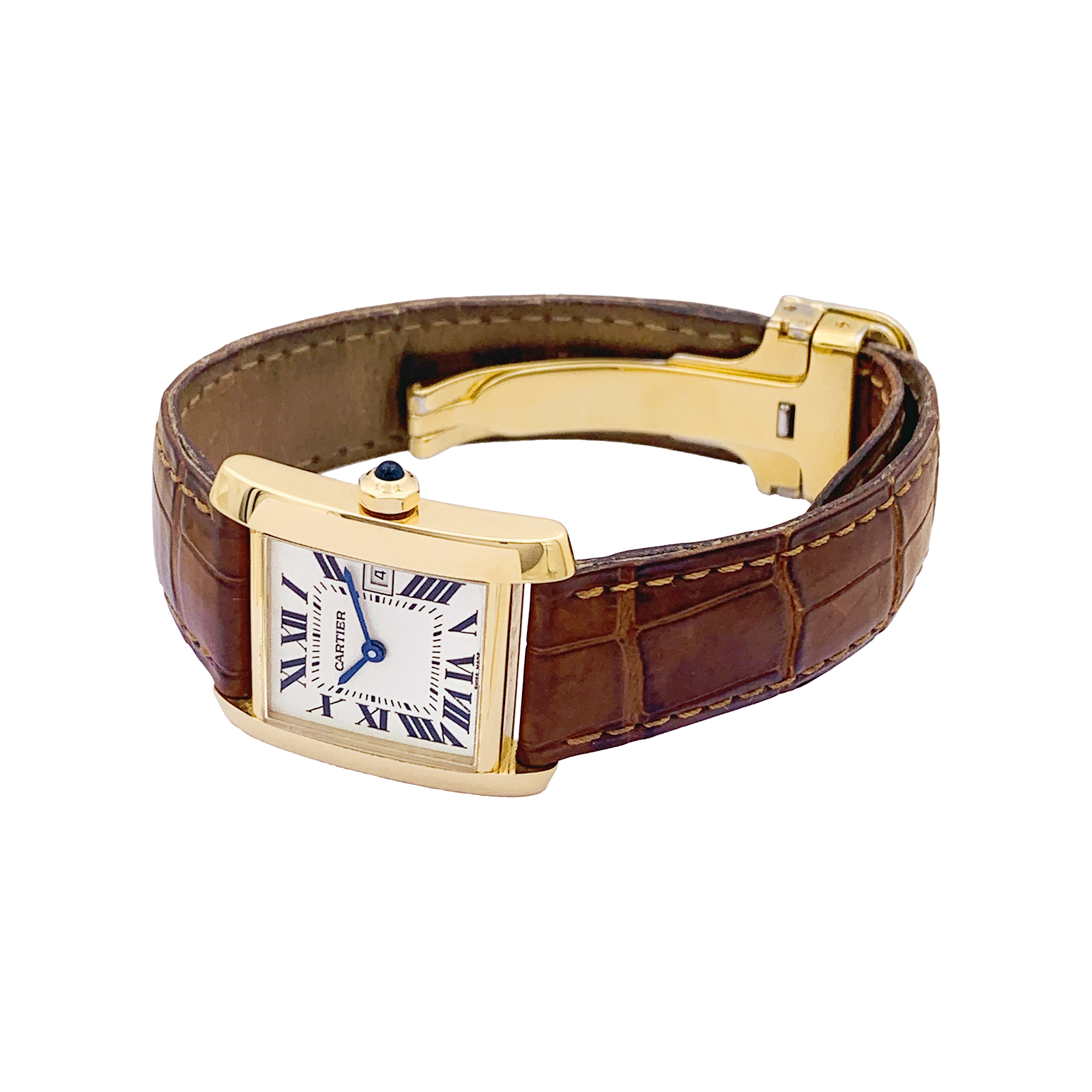 Montre Cartier, "Tank Française", or jaune, cuir.