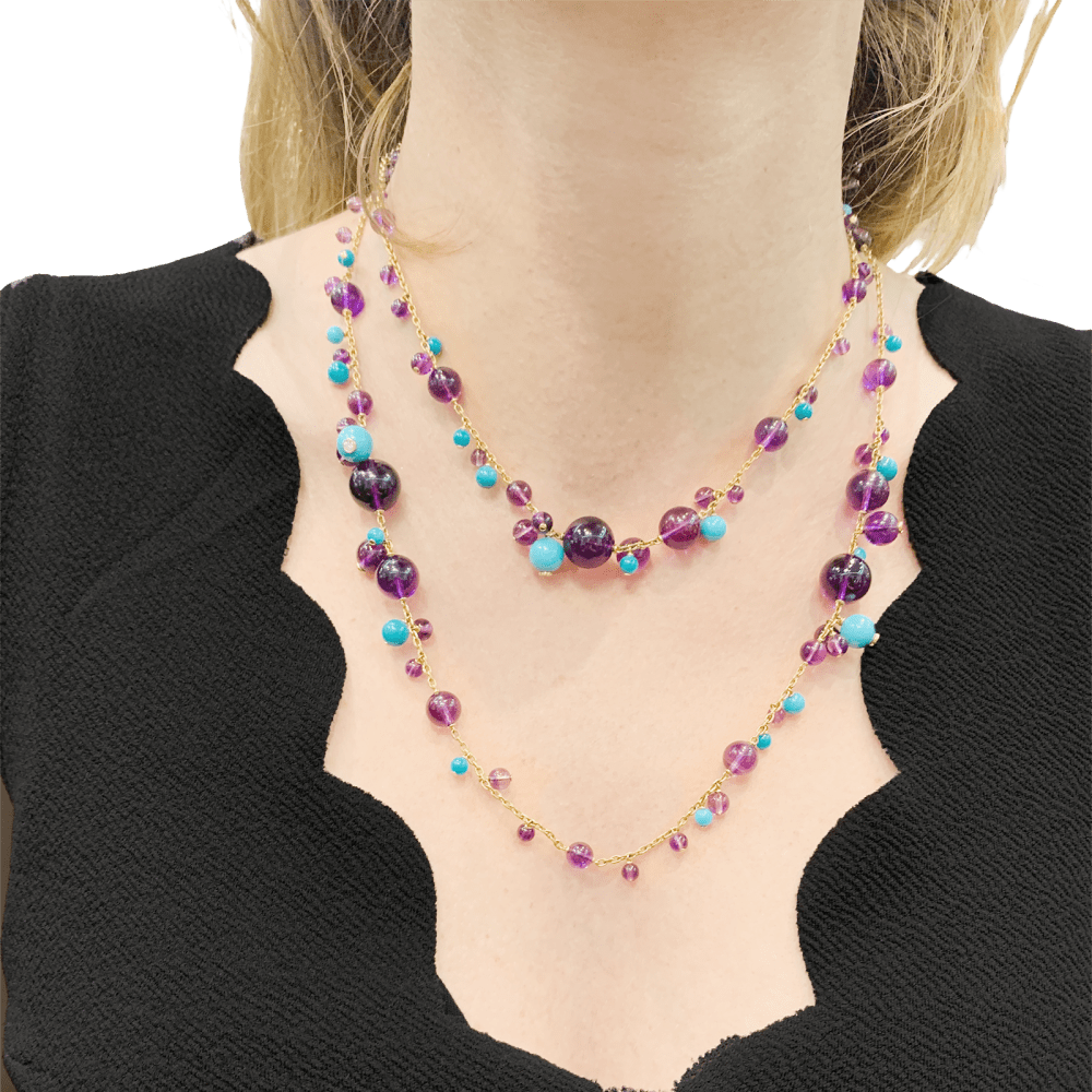 Sautoir Cartier, "Délices de Goa", or rose, améthystes, turquoises et diamants.