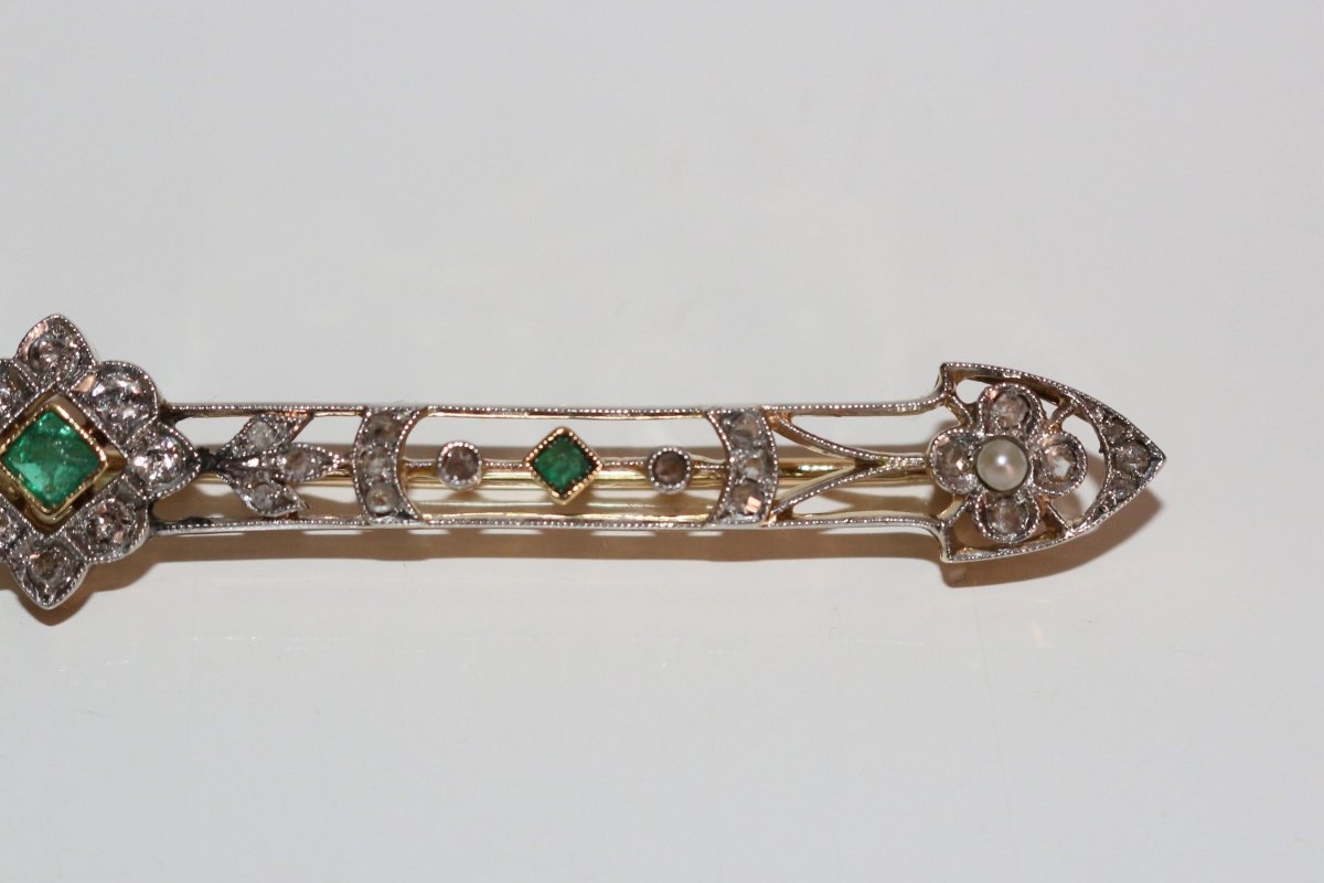 Broche - barrette émeraudes, Perles, Diamants 1900 - Maison Eloe
