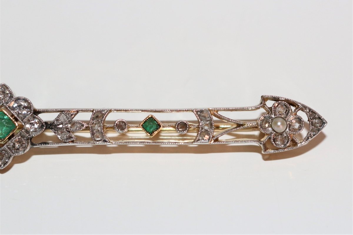 Broche - barrette émeraudes, Perles, Diamants 1900 - Maison Eloe