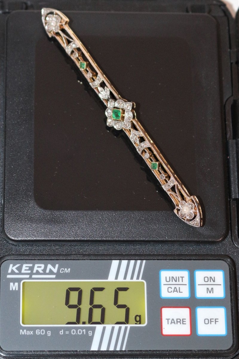 Broche - barrette émeraudes, Perles, Diamants 1900 - Maison Eloe